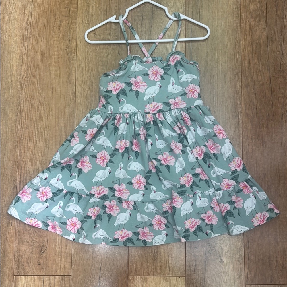 Janie and Jack Green Dress with Pink Floral & White Swan Print